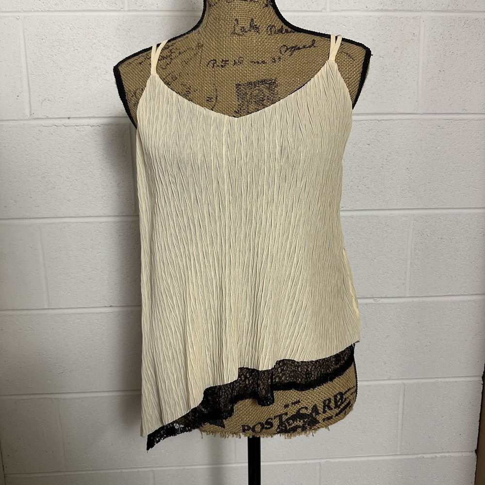 VTG Y2K Tank Top Womens Small Cream Black Lace Cami Asymmetrical Boho Indie